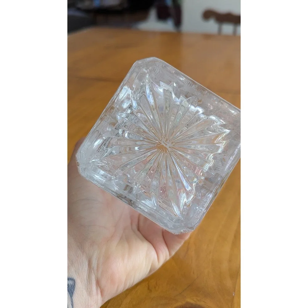 Vintage Clear Cut Crystal Square Decanter with Ribbed Stopper Starburst Pattern